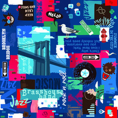 Obraz premium Brooklyn Bridge, Seamless pattern with sayings and quotes, people, cartoon characters