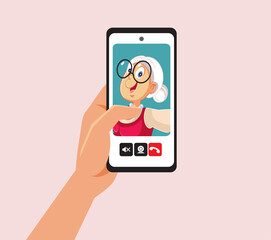 Video Call with Grandma Vector Cartoon Drawing Illustration. Grandparent using video calling chat app to communicate long distance with family
