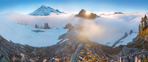 Mount Rainier National Park in the Cascade Range, Washington State, USA. A beautiful active volcano at sunset in North America. Summer time.