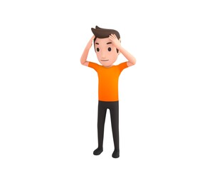 Man wearing Orange T-Shirt character with hand on head for pain in head because stress in 3d rendering.