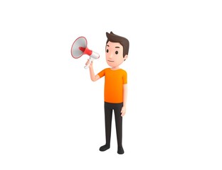 Man wearing Orange T-Shirt character speaking in megaphone in 3d rendering.