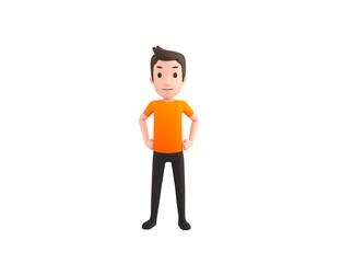 Man wearing Orange T-Shirt character with hands on hip in 3d rendering.