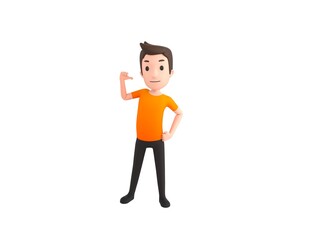 Man wearing Orange T-Shirt character pointing to himself in 3d rendering.