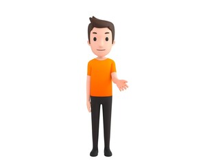 Man wearing Orange T-Shirt character giving his hand in 3d rendering.