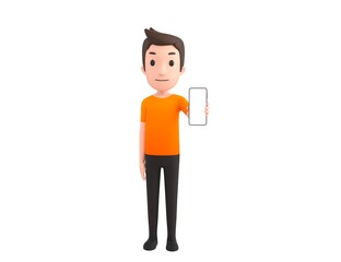 Man wearing Orange T-Shirt character showing his phone in 3d rendering.