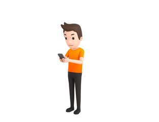 Man wearing Orange T-Shirt character types text message on cell phone in 3d rendering.