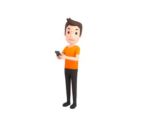 Man wearing Orange T-Shirt character using smartphone and looking to camera in 3d rendering.