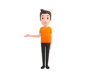 Man wearing Orange T-Shirt character looking to camera and pointing hand to the side in 3d rendering.