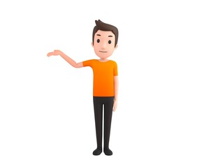 Man wearing Orange T-Shirt character raise his hand and pointing to the side in 3d rendering.