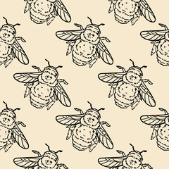 Cute cartoon bumble bee doodles seamless border pattern. Summer insect vector repeatable background texture tile. Cozy template of stock print for wrapping design, wallpaper