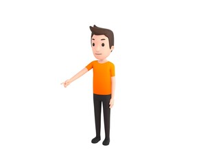 Man wearing Orange T-Shirt character pointing to the ground in 3d rendering.