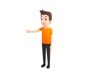 Man wearing Orange T-Shirt character pointing finger to the left in 3d rendering.