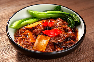 Asian cuisine fried tofu skin with vegetables and peppers