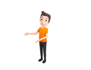Man wearing Orange T-Shirt character doing welcome gesture in 3d rendering.