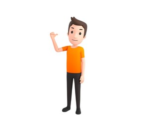 Man wearing Orange T-Shirt character pointing back thumb up empty space in 3d rendering.