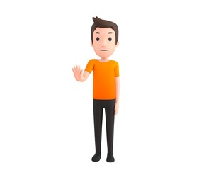 Man wearing Orange T-Shirt character puts out his hand and orders to stop in 3d rendering.