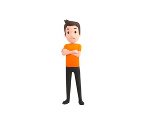 Man wearing Orange T-Shirt character smiling with arms crossed in 3d rendering.