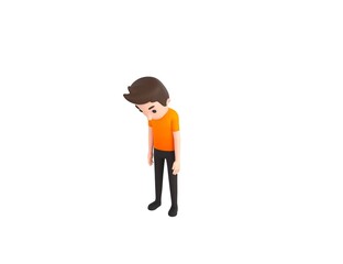 Man wearing Orange T-Shirt character looking down in 3d rendering.