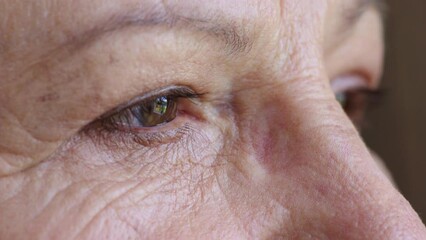 Closeup of senior woman thinking about the past while daydreaming about memories. Wrinkled face and eyes of a lonely old grandma with alzheimers. Retired female looking sad, longing and pensive