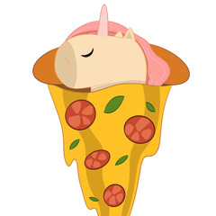 Cute unicorn sleeps covered with vegan pizza