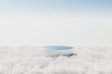 3d render platform and Natural sliver podium background on the high clouds at day time for product display, Blank showcase, mock up template or cosmetic presentation with empty round stage