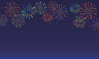 Fototapeta na wymiar 夜空を照らす花火の夏祭りコピースペース背景素材　Abstract firework background with free space for text