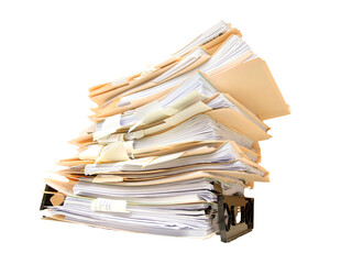 Manila folders stacked overflowing an in box at an office on a white background