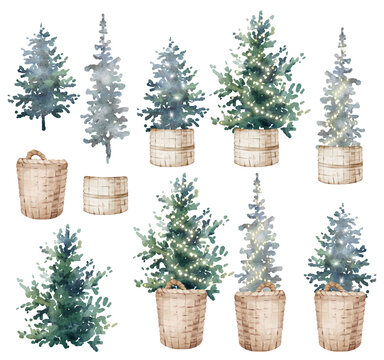 Watercolor hand drawn set with Christmas tree with lights and backets. New Year tree in the wicker basket collection isolated on white background. Holiday illustration for print, design, fabric