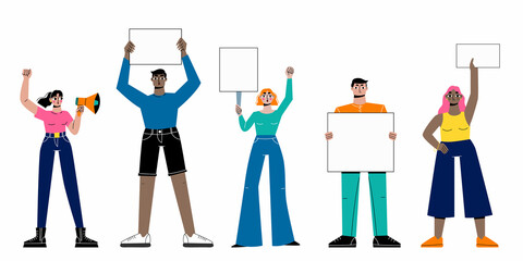 People at the protest. Blanks white sign with place for text. Vector illustration