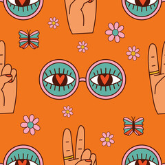 Groovy trippy seamless pattern with sunglasses and peace. 1970 style. Vector illustration