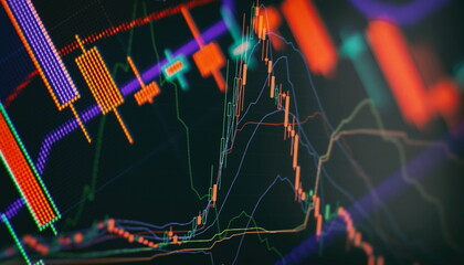 Technical price graph and indicator, red and green candlestick chart on blue theme screen, market...