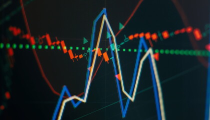 Technical price graph and indicator, red and green candlestick chart on blue theme screen, market volatility, up and down trend. Stock trading, crypto currency background.