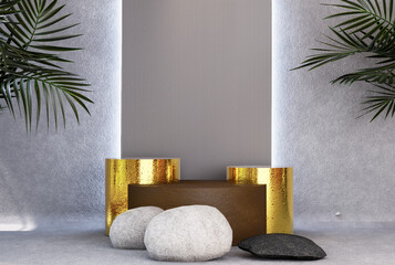 Product presentation podium with abstract background and stones.