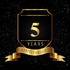 5 Years Golden Anniversary Logo with Golden Shield and Ribbon Isolated on Black Background. Premium design for event party, birthday party, greetings card, invitation, graduation, weddings.