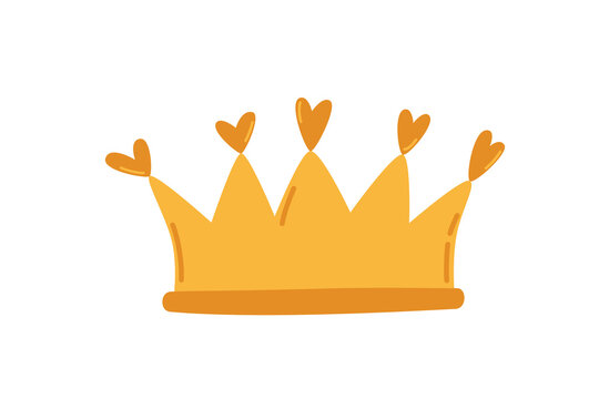 Cute Gold Royal King, Queen, Princess Crown Icon, Isolated on White, Vector Icon with Hearts. Flat Cartoon Illustration, Clipart.