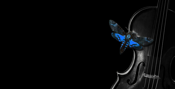 music concept. bright blue Death's-head Hawkmoth butterfly on a violin on a black background. Acherontia atropos