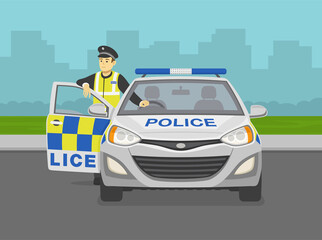 Front view of a traffic police officer leaning on the car door. Parked police car. Flat vector illustration template. © flatvectors