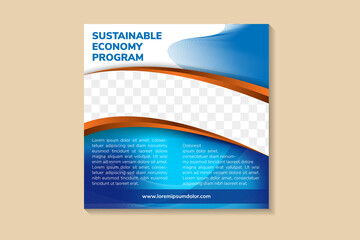 Sustainable economy program design banner for social media post template. Dot halftone and line pattern elements. Space for photo and text. Square layout with combination white and blue colors. 