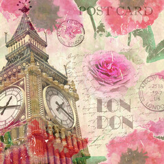 London vintage postcard with Big Ben and roses on retro background. 