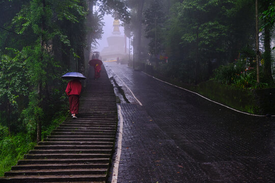 Gangtok, India - 17 June 2022, The way to go to Do Drul Chorten is a buddhist stupa in Gangtok in the Indian state of Sikkim.