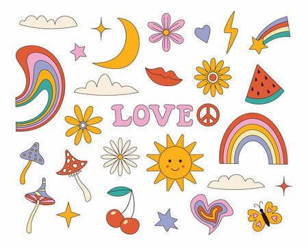 Hippy retro stickers. Cartoon psychedelic vintage clipart. Flower and mushroom. the style of the 70s. A symbol of peace. Rainbow and watermelon. The sun, moon and stars.