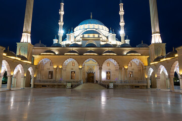 At the entrance to the Heart of Chechnya mosque on a late September evening. Grozny