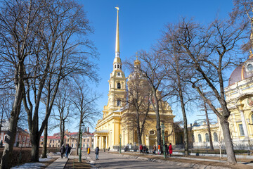 Fototapeta na wymiar View of the Peter and Paul Cathedral in the Peter and Paul Fortress on a sunny April day. Saint Petersburg