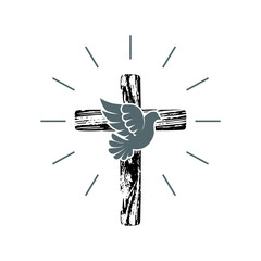 Dove and Old christian wooden cross icon isolated on white background