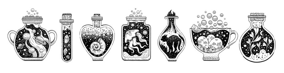 Potion bottle magic vector. Vintage witch game alchemy sketch with crystal, cat, shell, plant. Magician line drawing. Witchcraft halloween antidote potion set. Chemistry boho perfume retro collection - obrazy, fototapety, plakaty