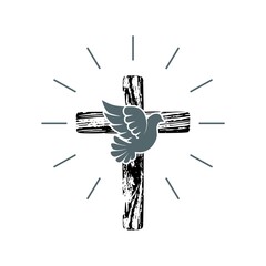 Dove and Old christian wooden cross icon isolated on white background