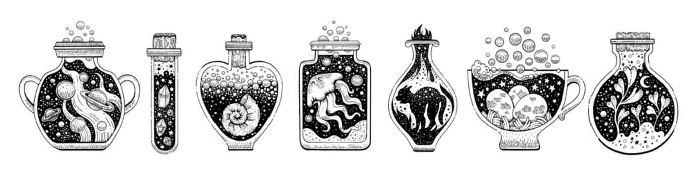 Potion bottle magic vector. Vintage witch game alchemy sketch with crystal, cat, shell, plant. Magician line drawing. Witchcraft halloween antidote potion set. Chemistry boho perfume retro collection