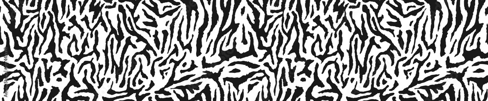 Poster Zebra striped lines fur skin print texture seamless pattern. Animal background. Abstract curved lines ornament. Geometric shapes. Good for textile, fabric, fashion design. Vector wallpaper