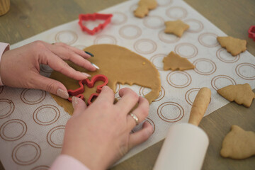 perfect housewife in her perfect kitchen. a woman in a red dress prepares cookies.