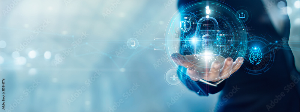 Aufkleber Cyber security and data protection. Businessman holding padlock protecting business data with virtual network connection. Innovation technology develop smart solution from digital attack.